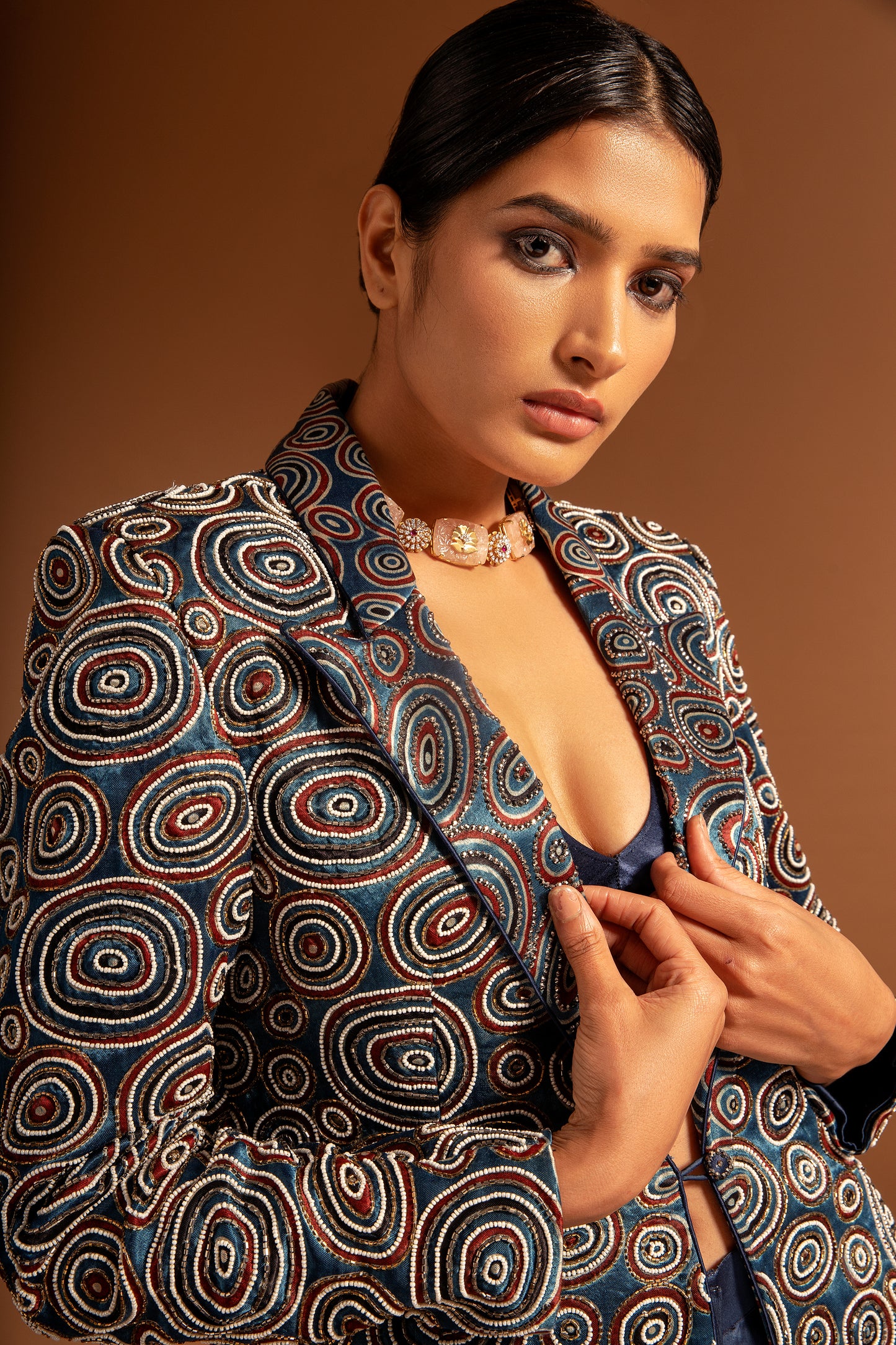 Blue Ajrak jacket with blouse  And Fluid Pant Set