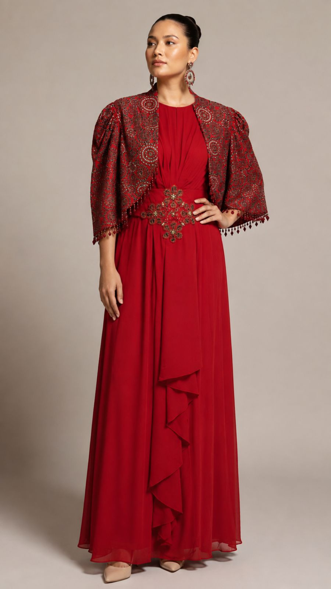 Crimson Royale Embellished Cape Gown