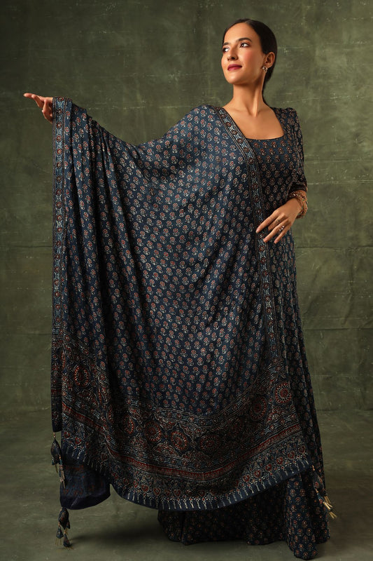 Blue Ajrakh anarkali with dupatta