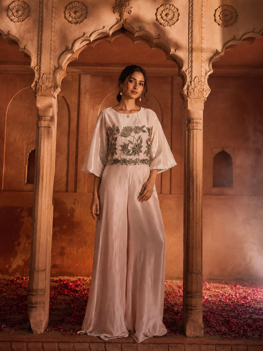 Blush Pink Embroidered Wide-Leg Jumpsuit