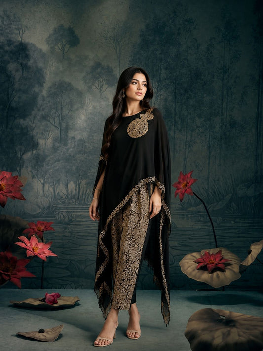 Midnight Black Embroidered Kaftan Co-Ord Set