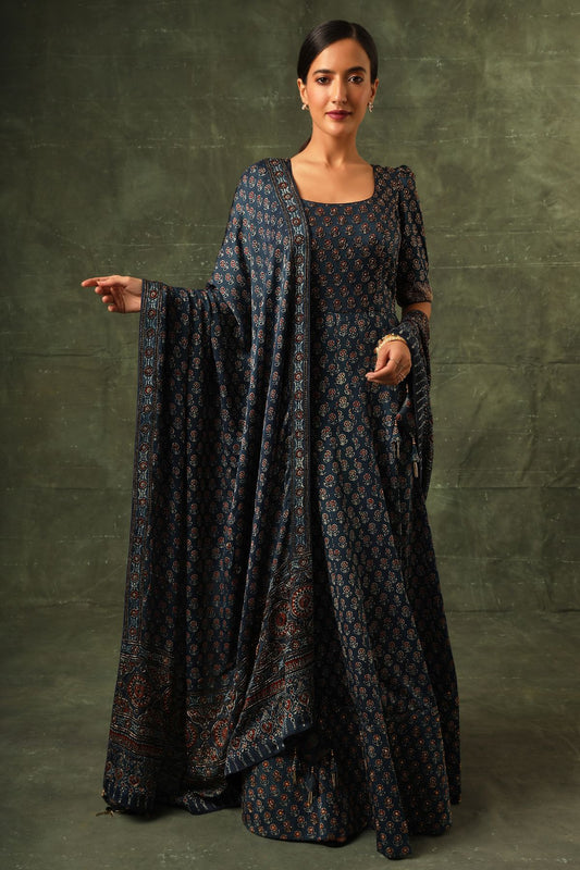 Blue ajrakh cape jacket with blouse and drape dhoti