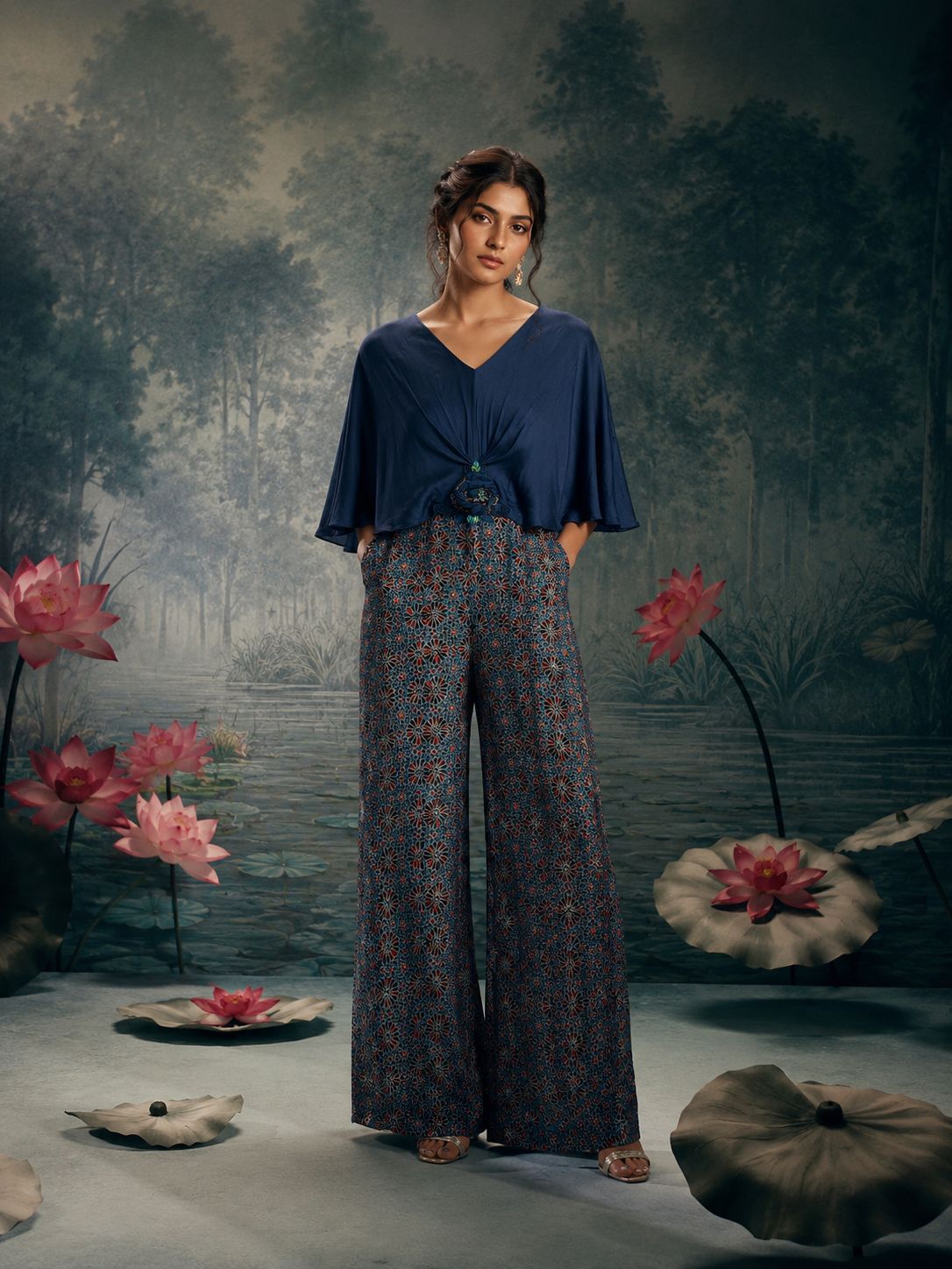 Midnight Blue Draped Cape Co-Ord Set