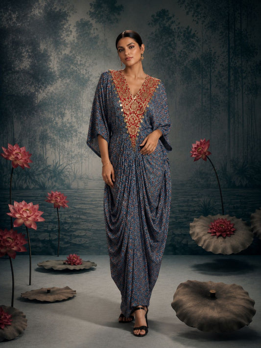 Blue Printed Draped Kaftan Co-ord Set with Embellished V-Neck