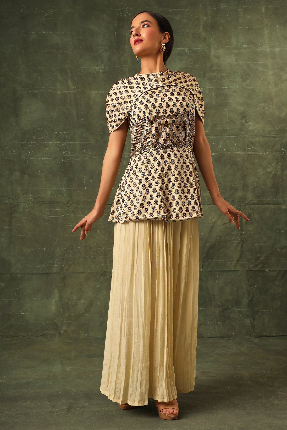 Ivory Ajrakh Peplum top with pleated pants