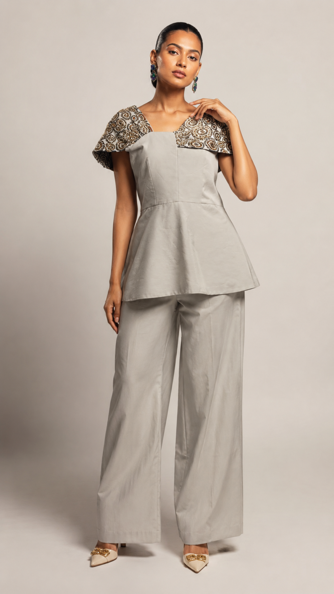 Pearl Grey Peplum Top with Wide-Leg Pants Co-Ord Set