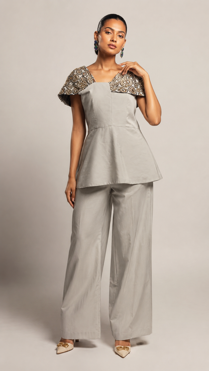 Pearl Grey Peplum Top with Wide-Leg Pants Co-Ord Set
