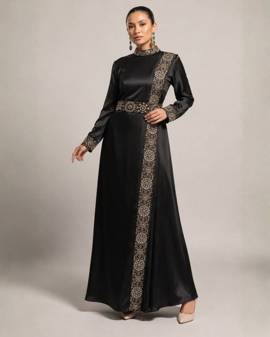 Black Embroidered Satin A-Line Maxi Dress