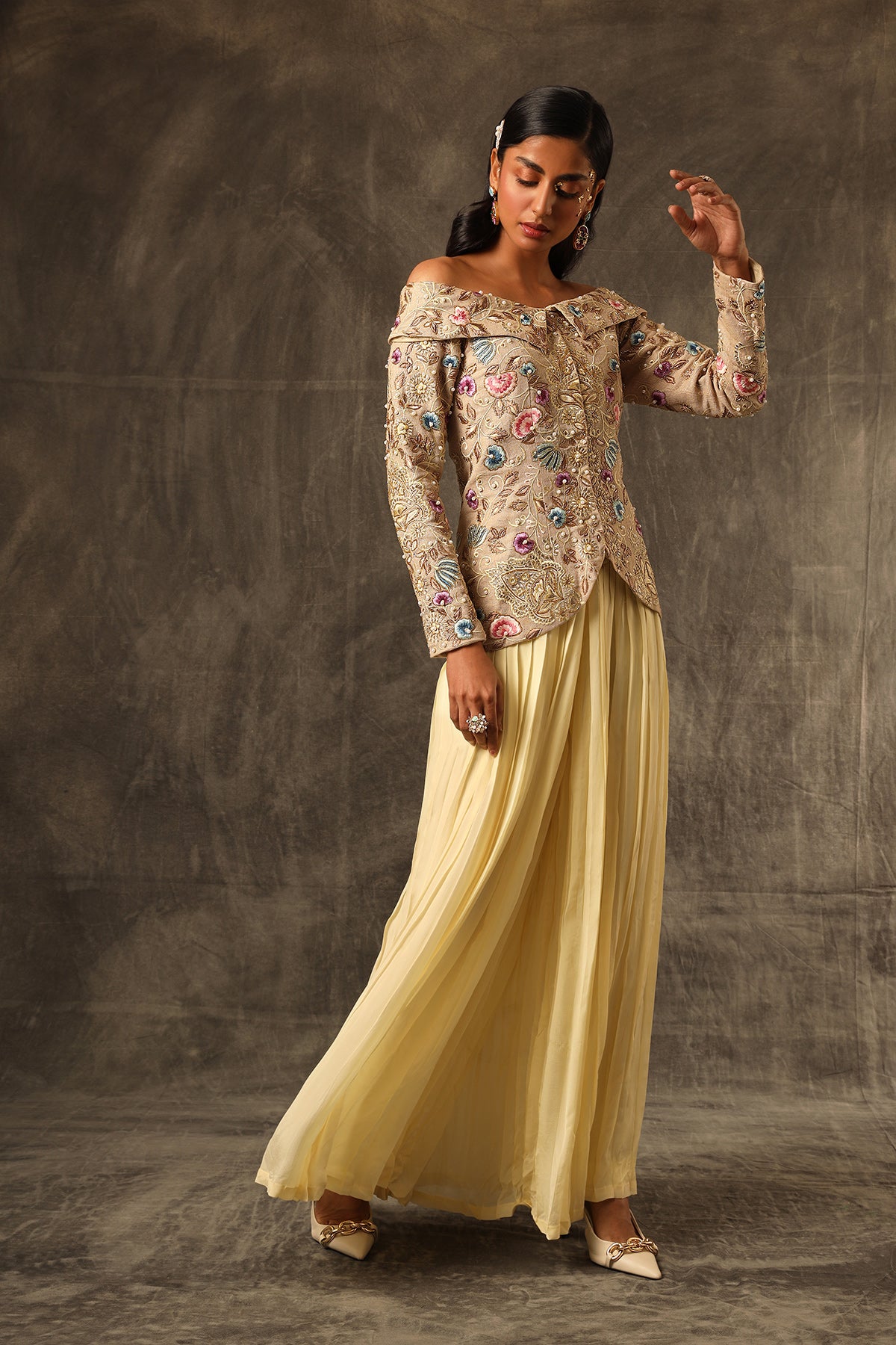 La Sabbia Off shoulder top with pleated skirt
