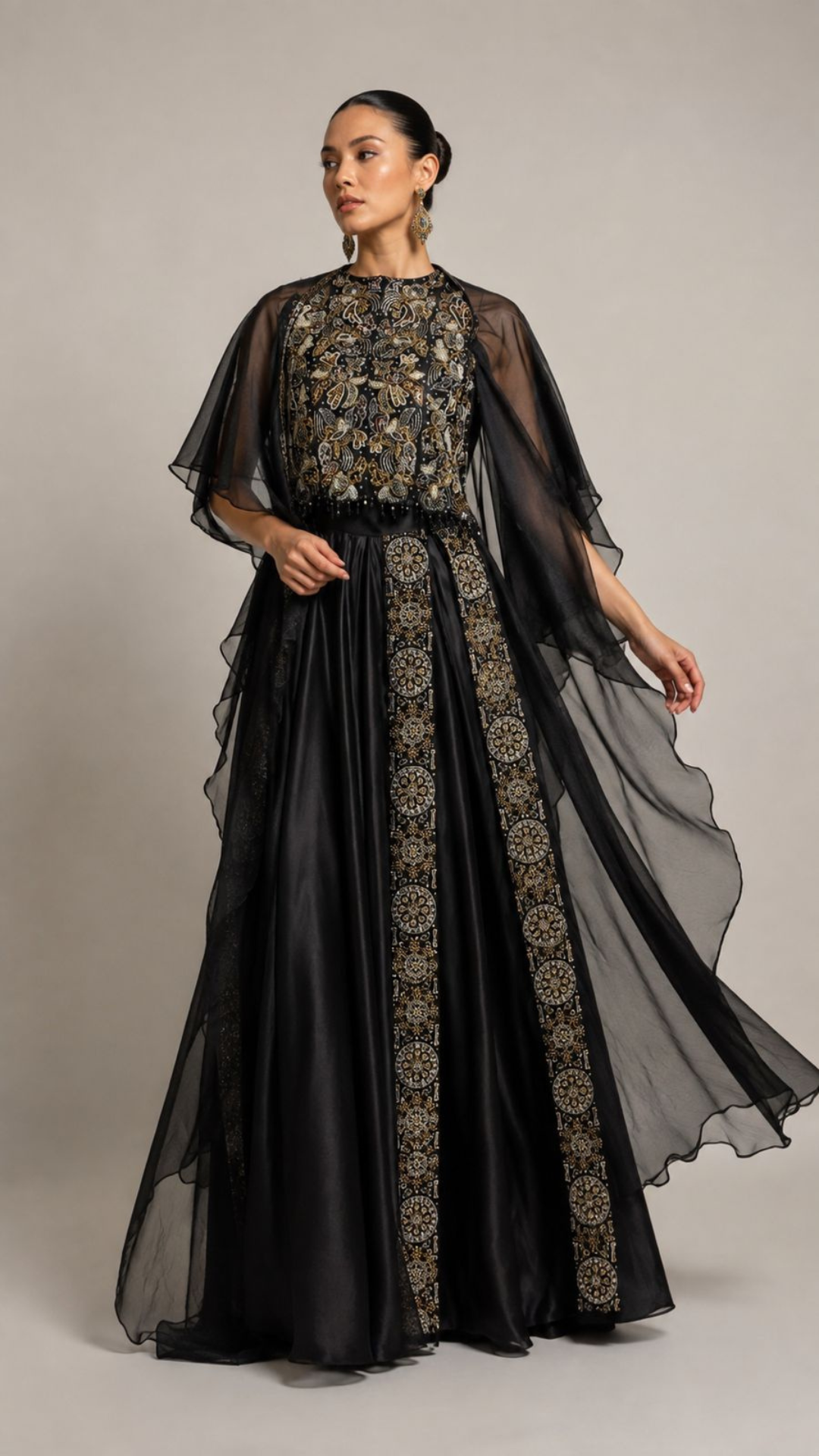Midnight Noir Embellished Cape Gown