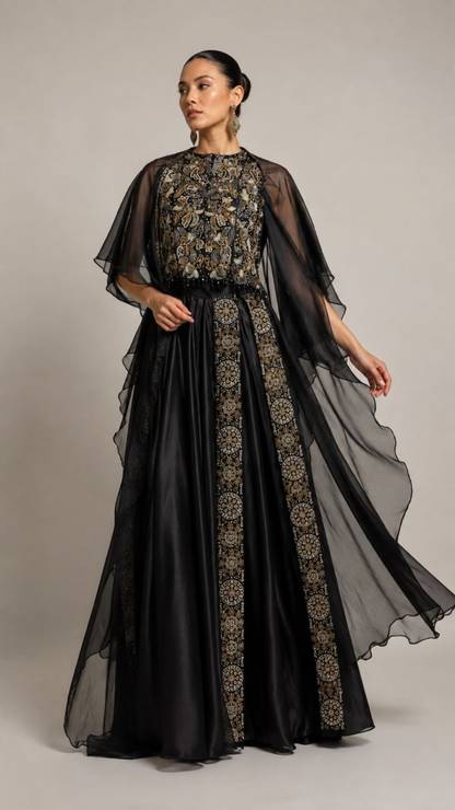 Midnight Noir Embellished Cape Gown
