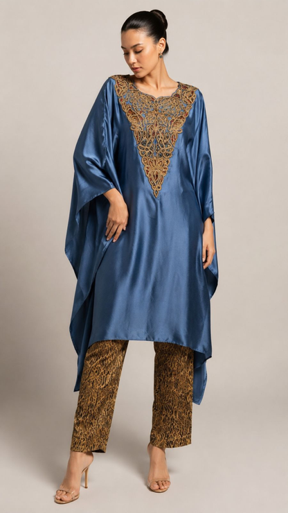 Steel Blue Embroidered Kaftan Kurta with Printed Straight Pants