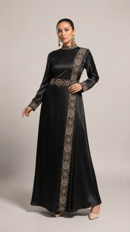 Black Embroidered Satin A-Line Maxi Dress
