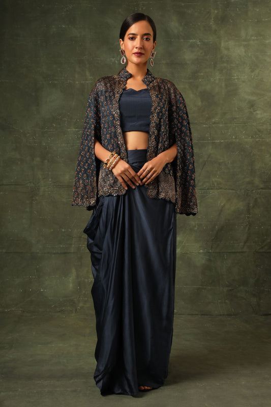 Blue ajrakh cape jacket with blouse and drape dhoti