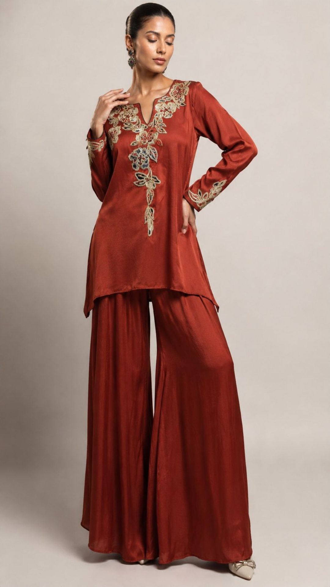 Rust Embroidered Kurta with Wide-Leg Palazzo Set