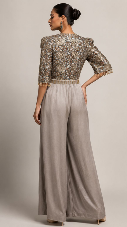 Grey Printed Bodice Pleated Palazzo Jumpsuit