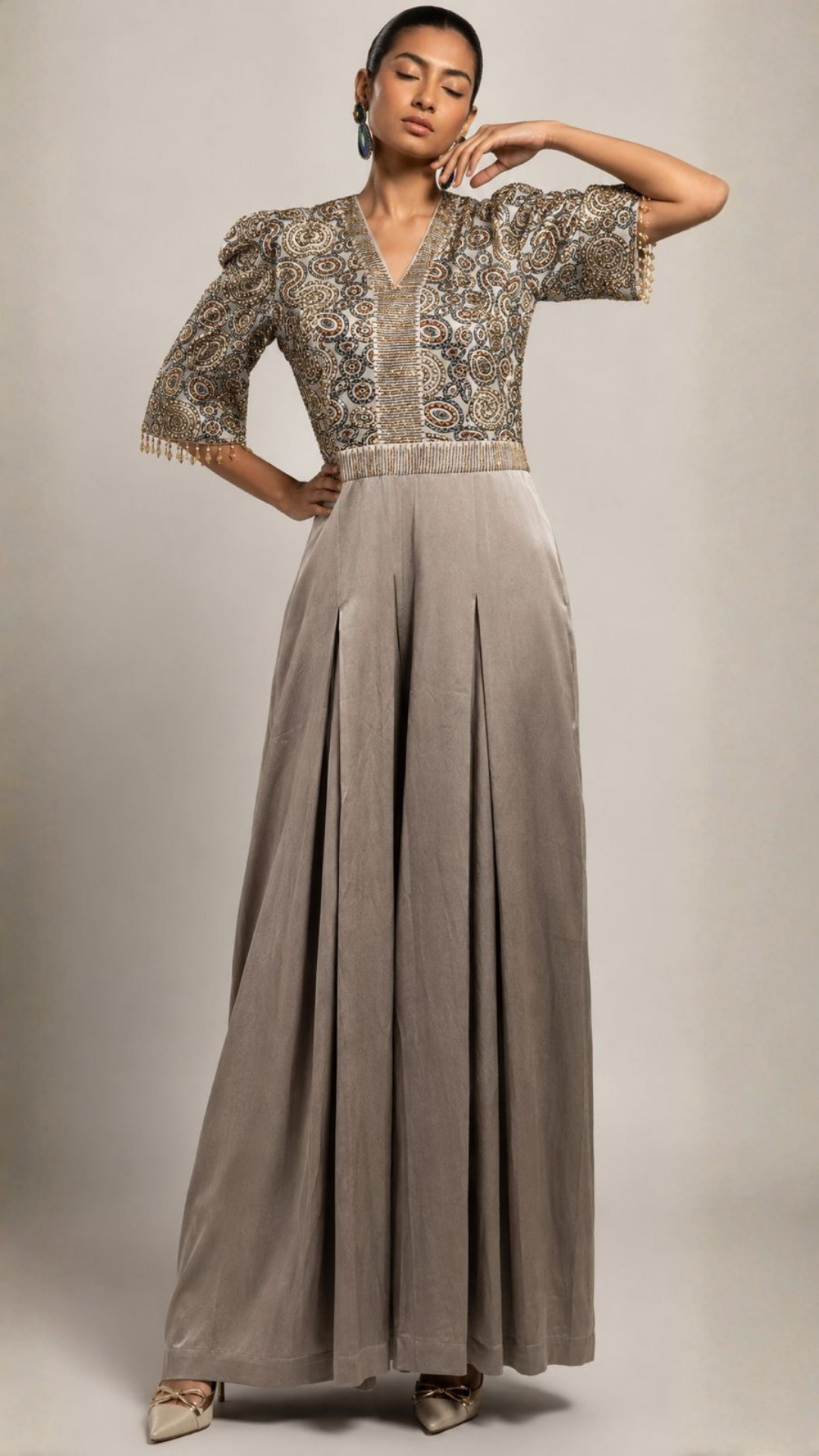 Grey Printed Bodice Pleated Palazzo Jumpsuit