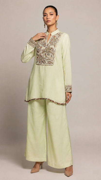 Pistachio Green Embroidered Kurta with Wide-Leg Pants Co-ord Set