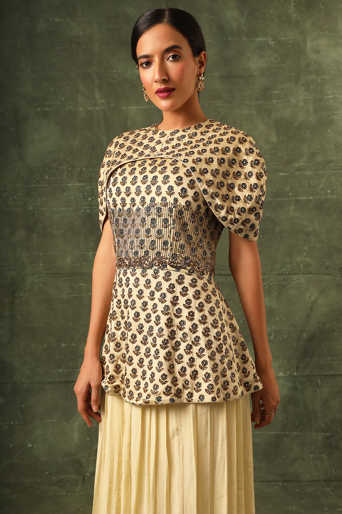 Ivory Ajrakh Peplum top with pleated pants