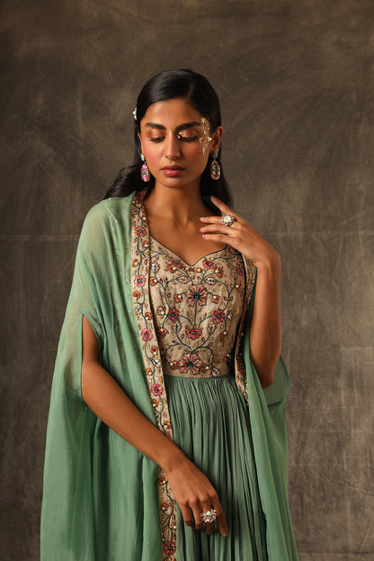 Zelenka Gathered top with gathered sharara and cape dupatta set
