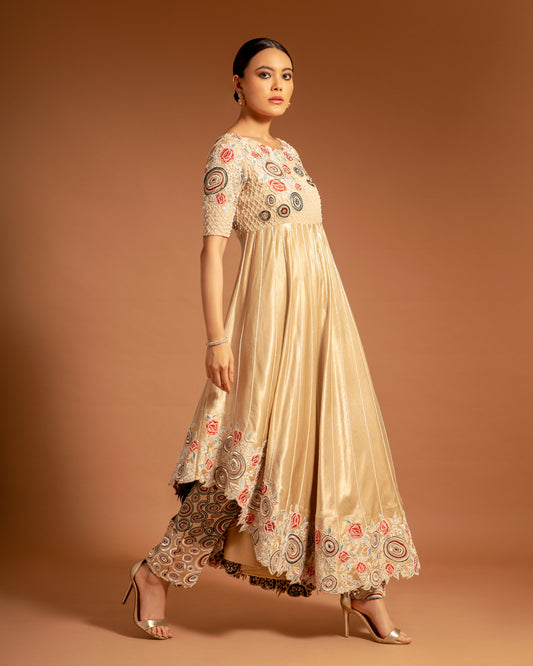 Beige Ajrak Embellished Anarkali With Pant