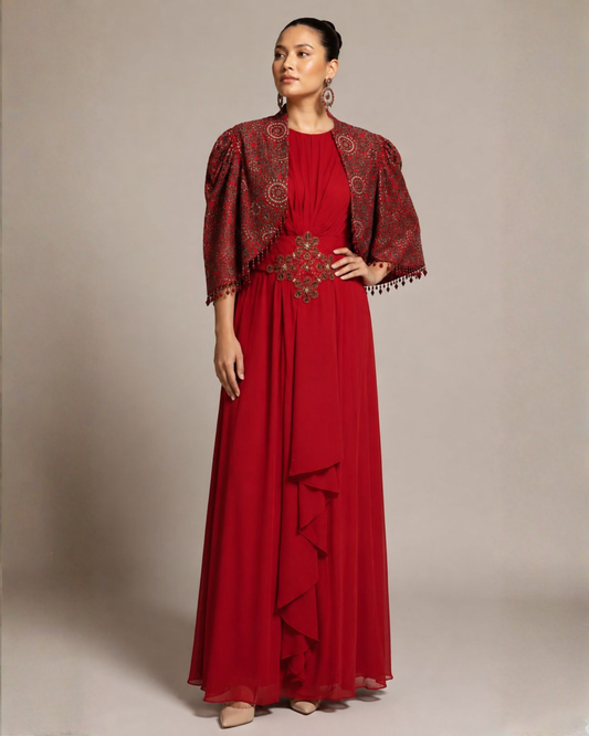 Crimson Royale Embellished Cape Gown