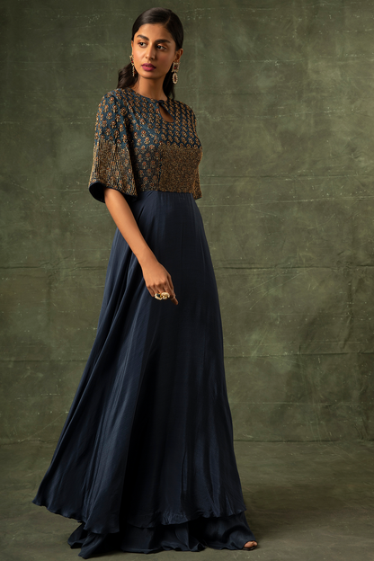Blue ajrakh A-line Gown