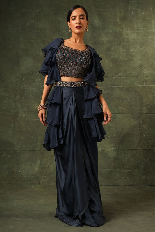 Blue Ajrakh blouse and  layered jacket with embroiderd waisrband and drape dhoti