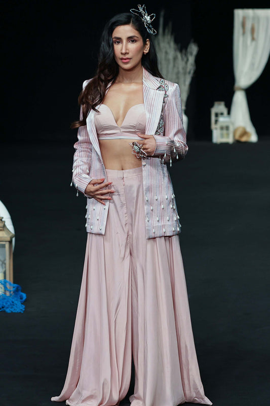Parul Gulati in Peachy Pink Bralette and flare pants with embellished ajrakh patchworked jacket