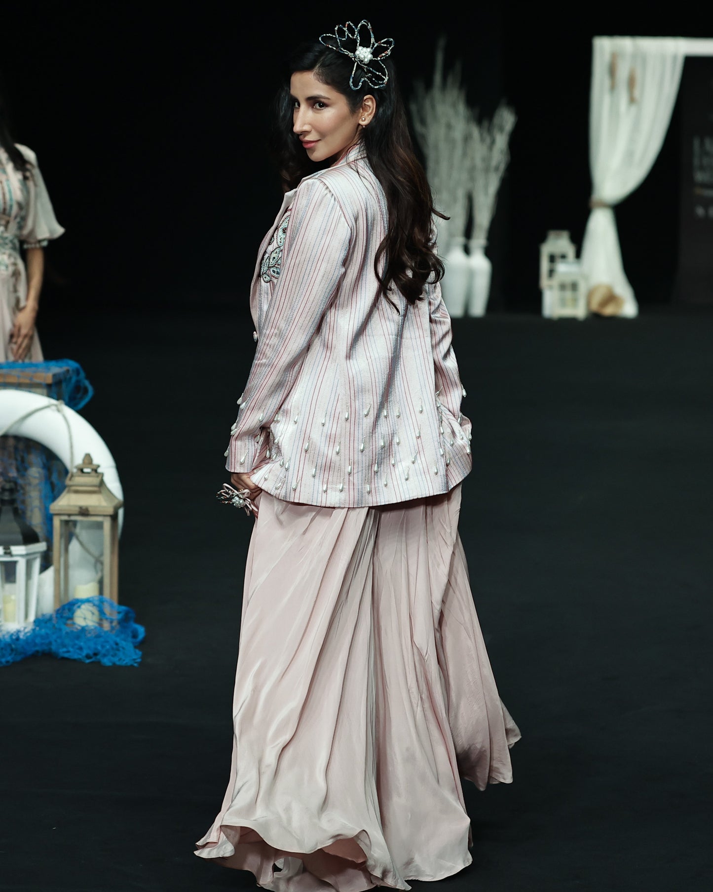 Parul Gulati in Peachy Pink Bralette and flare pants with embellished ajrakh patchworked jacket