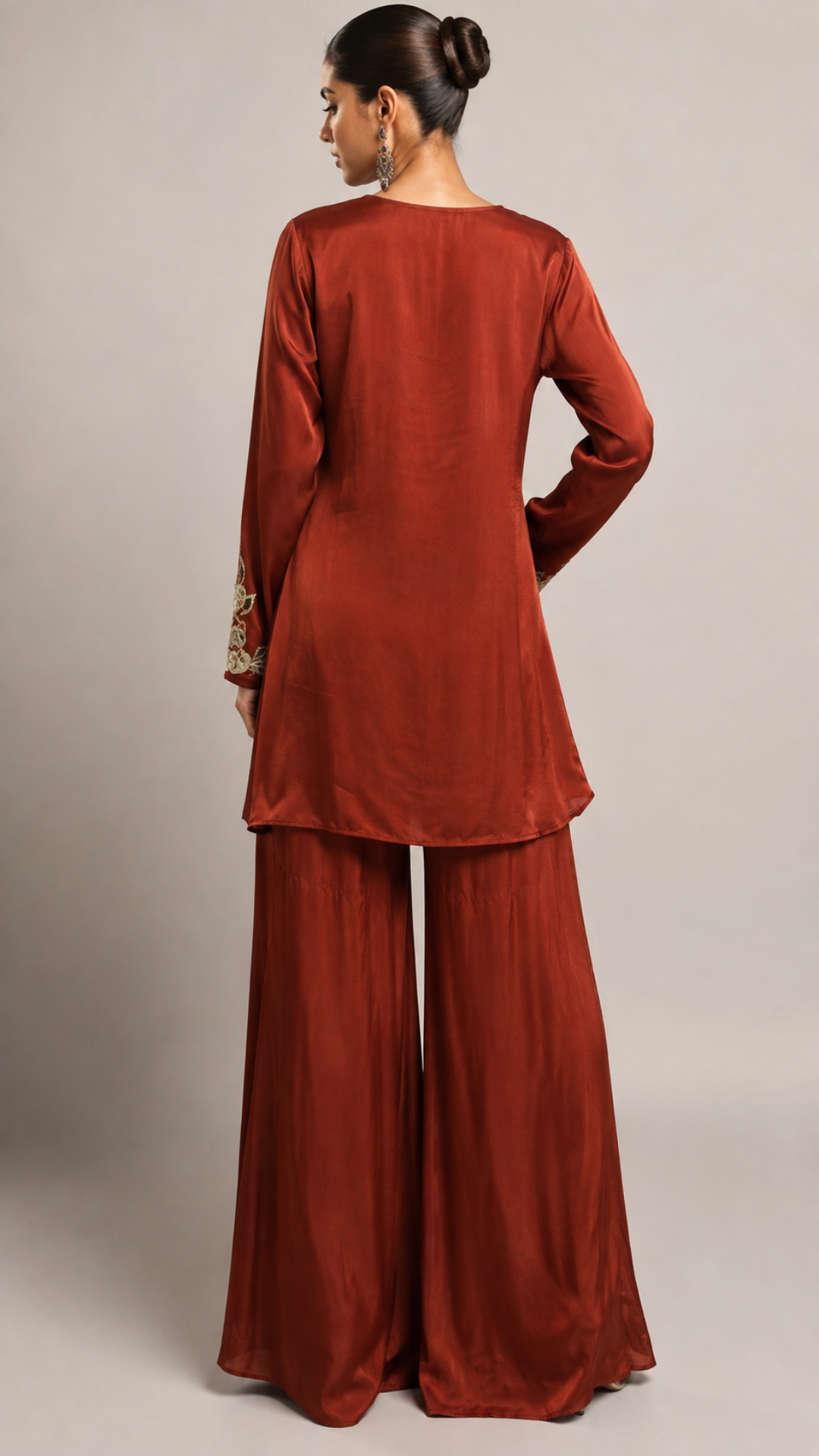 Rust Embroidered Kurta with Wide-Leg Palazzo Set