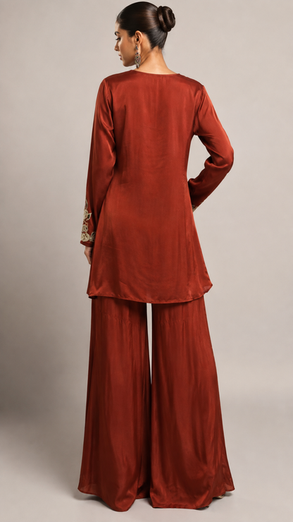 Rust Embroidered Kurta with Wide-Leg Palazzo Set