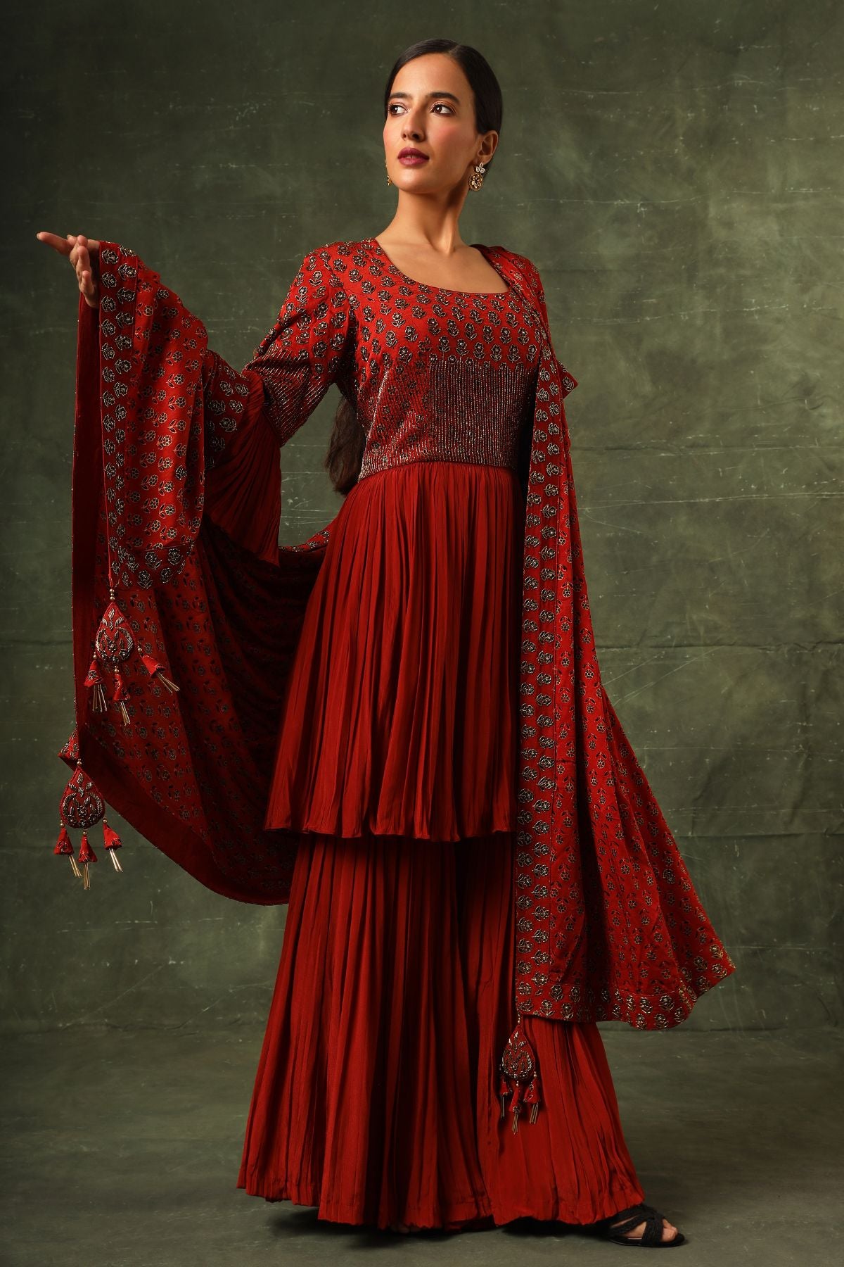 Red ajrakh gathered kurta and sharara with ajrakh dupatta