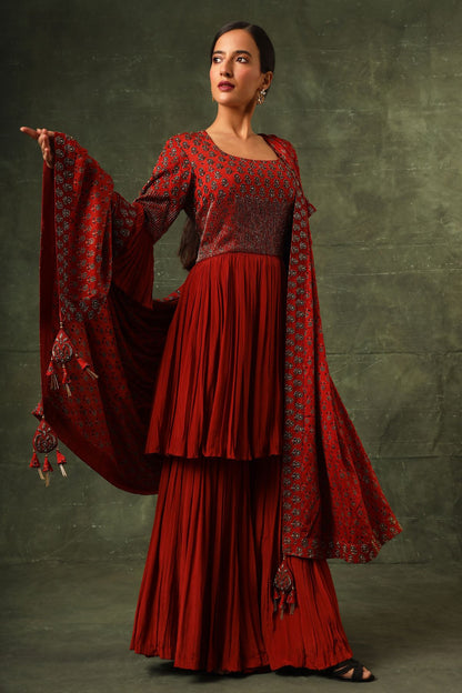 Red ajrakh gathered kurta and sharara with ajrakh dupatta