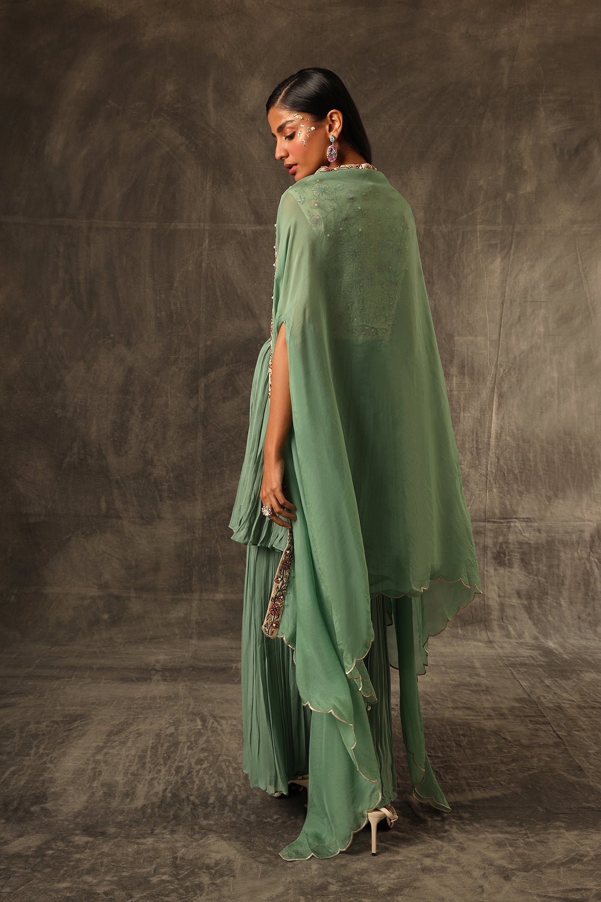 Zelenka Gathered top with gathered sharara and cape dupatta set