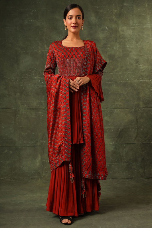 Red ajrakh gathered kurta and sharara with ajrakh dupatta