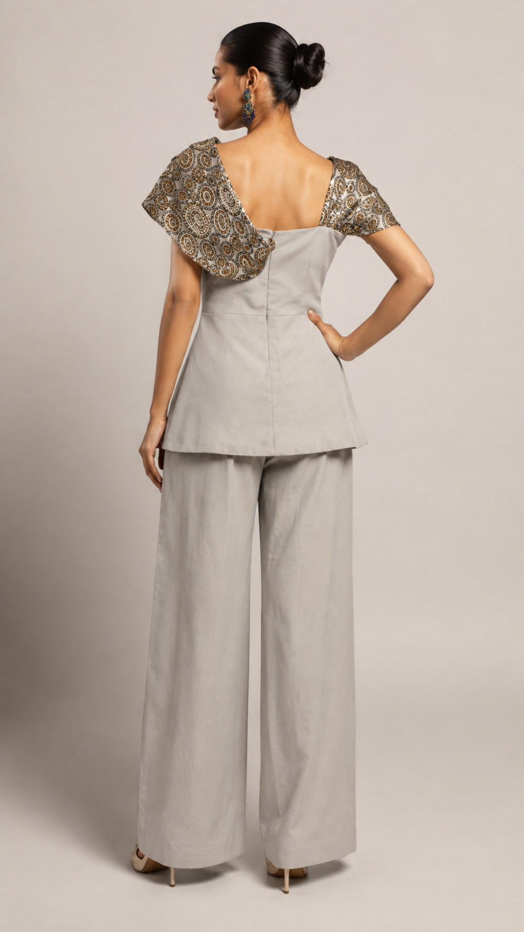Pearl Grey Peplum Top with Wide-Leg Pants Co-Ord Set