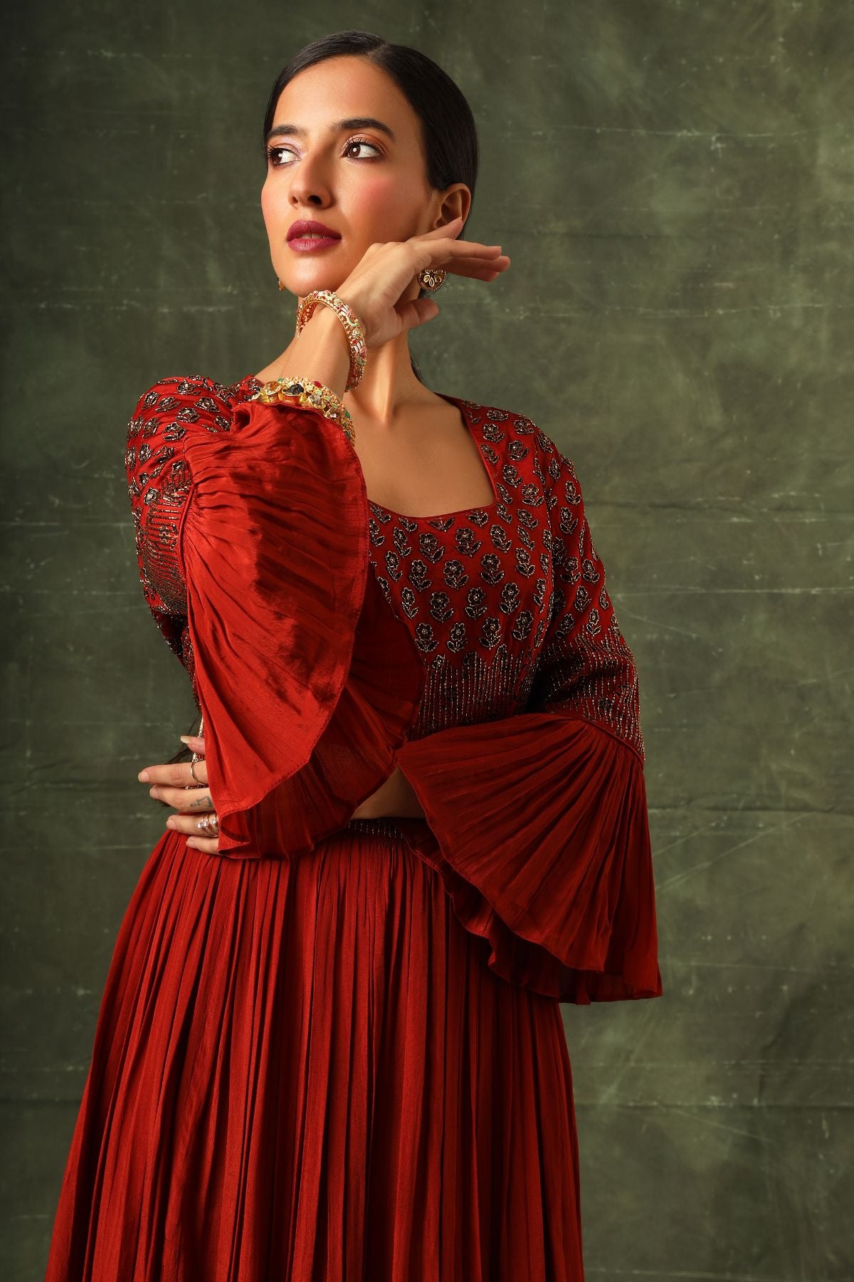 Red ajrakh gathered kurta and sharara with ajrakh dupatta