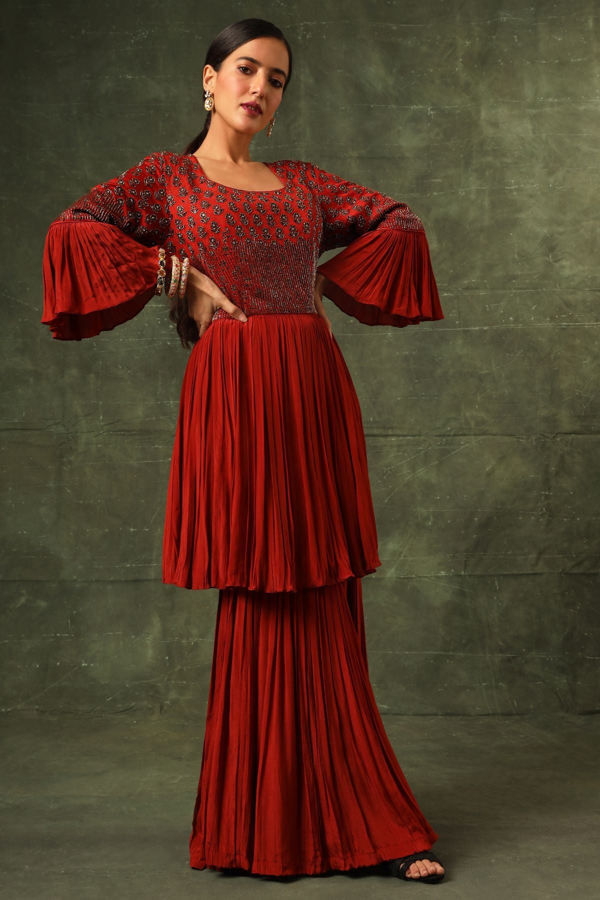 Red ajrakh gathered kurta and sharara with ajrakh dupatta