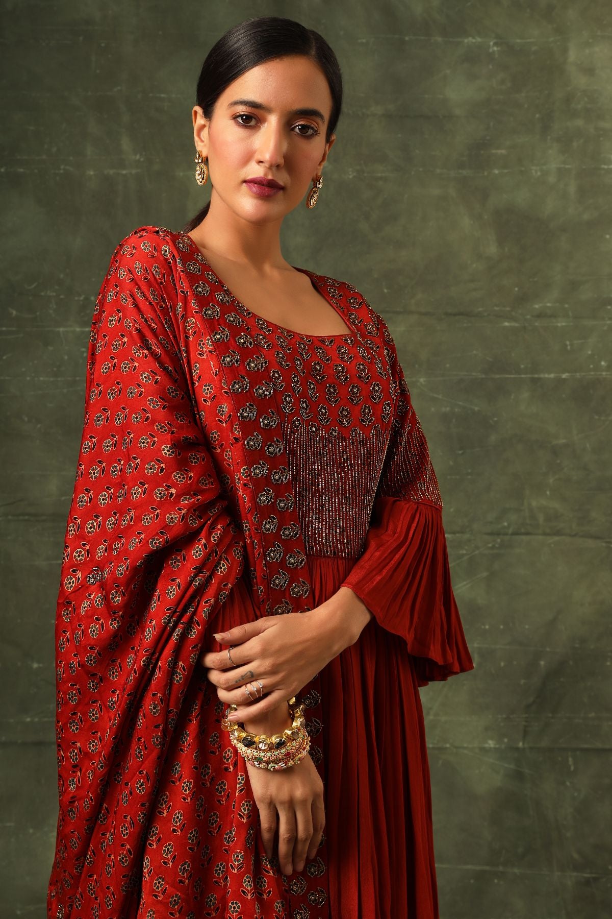 Red ajrakh gathered kurta and sharara with ajrakh dupatta