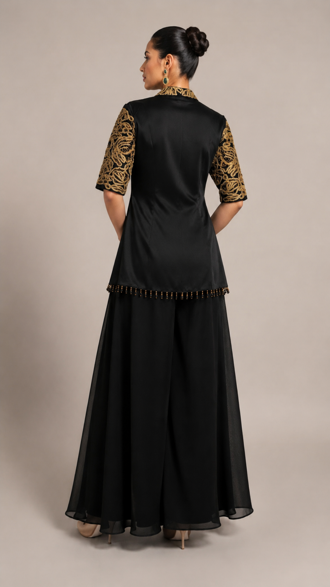 Black Embroidered Peplum Co-Ord Set