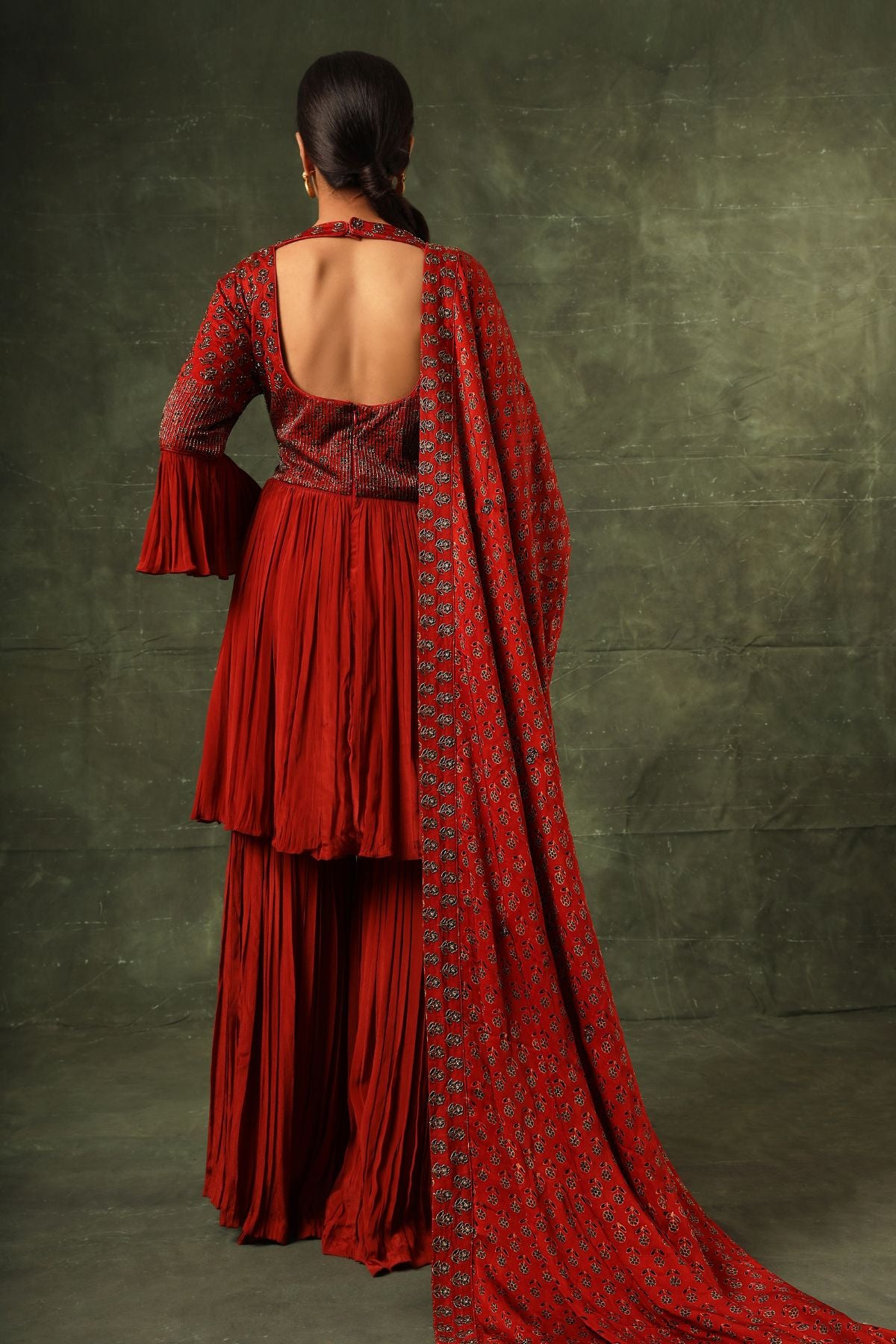 Red ajrakh gathered kurta and sharara with ajrakh dupatta