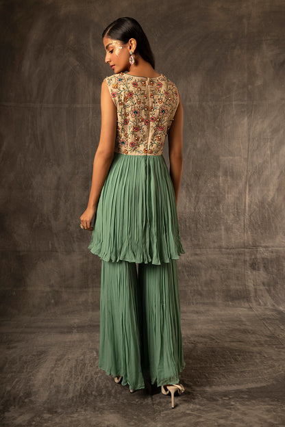 Zelenka Gathered top with gathered sharara and cape dupatta set