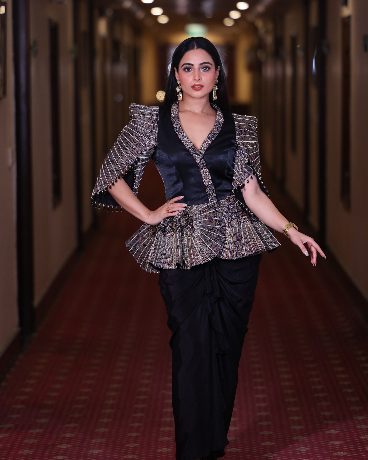 Aishwarya Sharma in Black Peplum Top with Drape Skirt