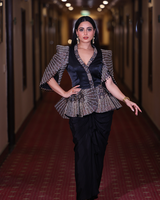 Aishwarya Sharma in Black Peplum Top with Drape Skirt