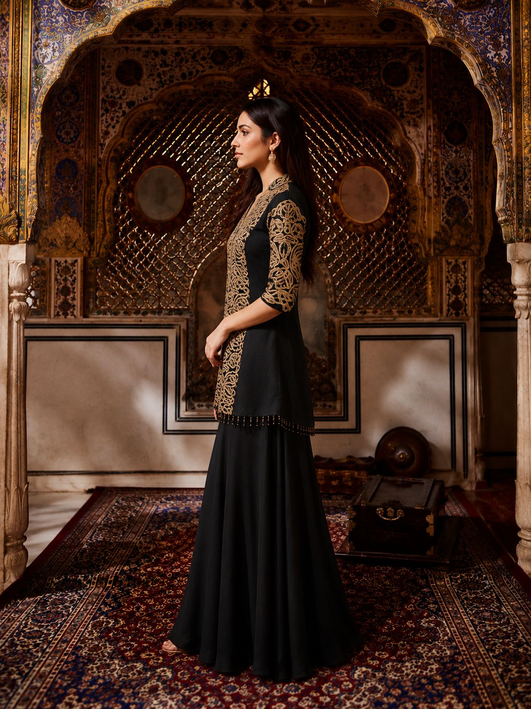 Black Embroidered Peplum Co-Ord Set