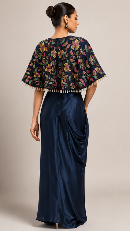Midnight Bloom Printed Cape Top with Draped Skirt Co-ord Set