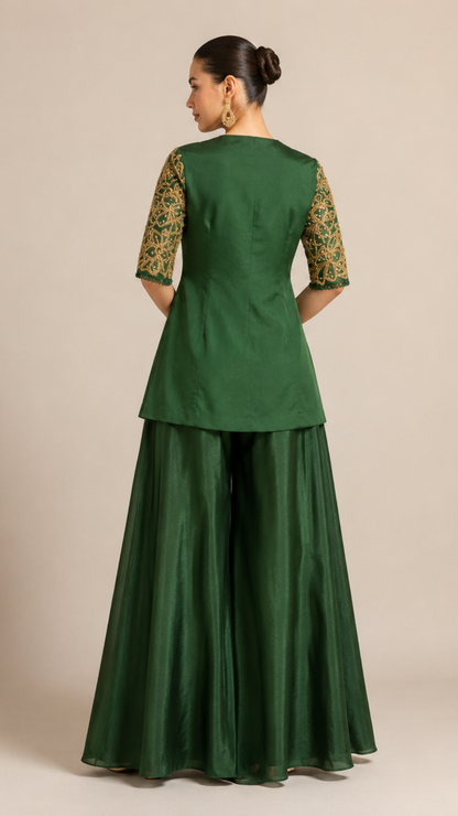 Emerald Green Embroidered Peplum Top with Layered Palazzo Set