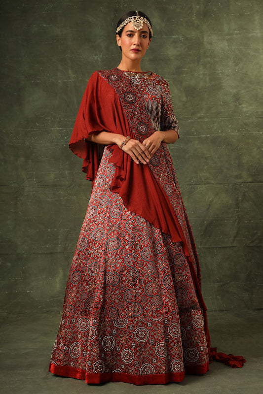 Red ajrakh blouse and lehenga with ruffled dupatta