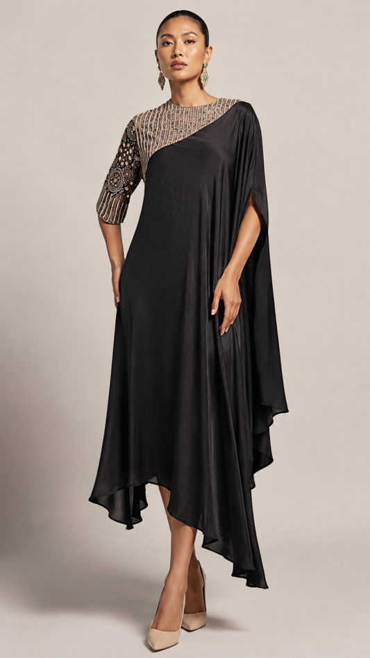 Midnight Noir Embellished Asymmetric Kaftan Co-Ord Set